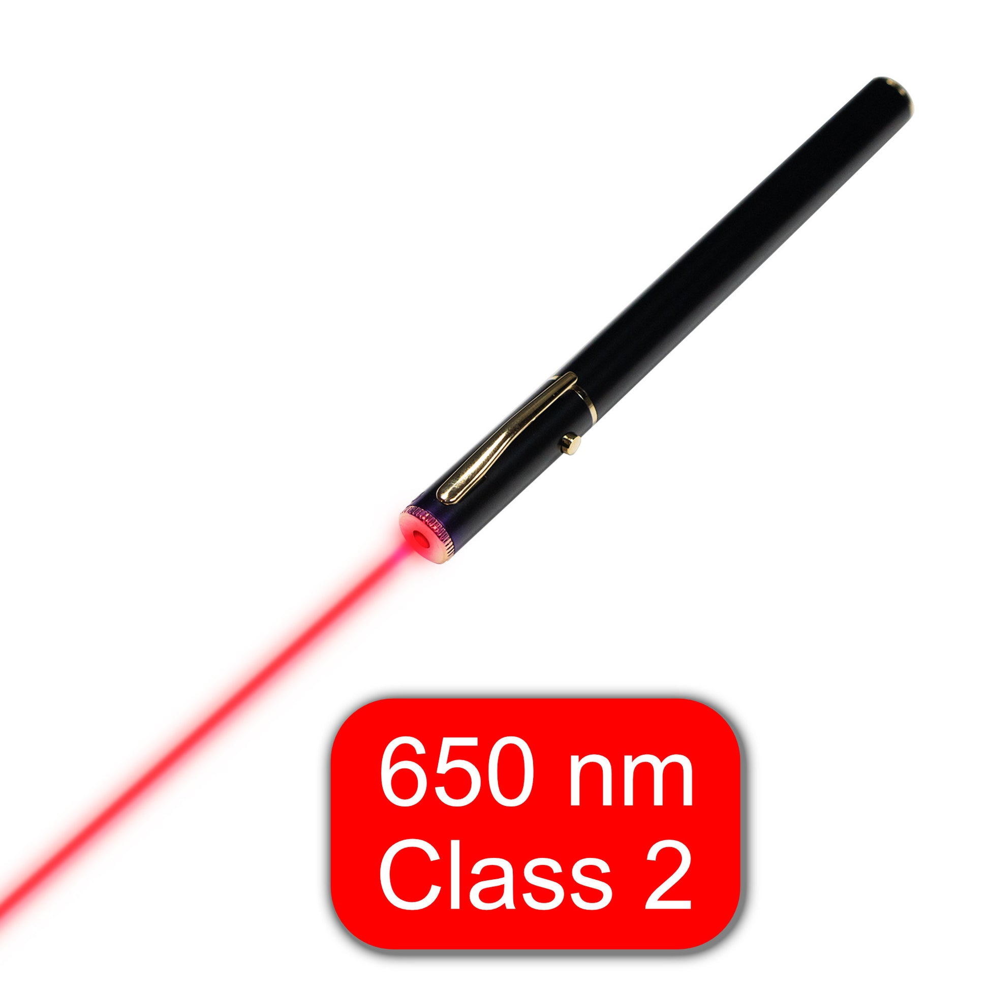 classroom and kid safe 650 nm red laser pointer with 1 mW power of class 2 with gold clip, black housing and on-off button, comes with batteries and storage case from laser Classroom