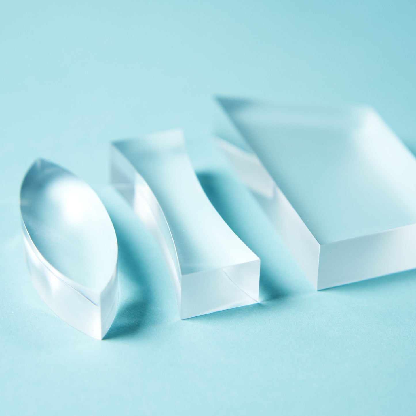 set of 3 acrylens concave, convex and trapezoid prisms for hands on physics and light education activities