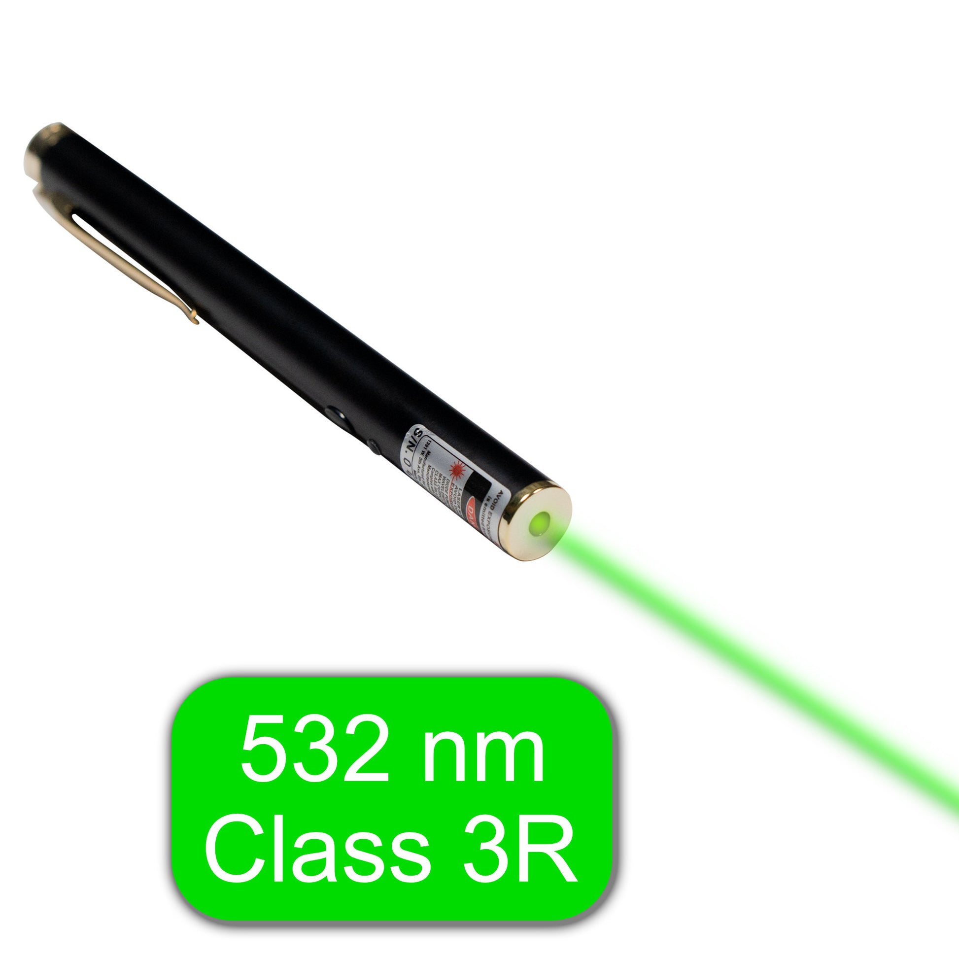 class 3R 5 mW classroom safe green 532 nm laser pointer pen with clip, black case and brass clip holder. highest visibility for school use.