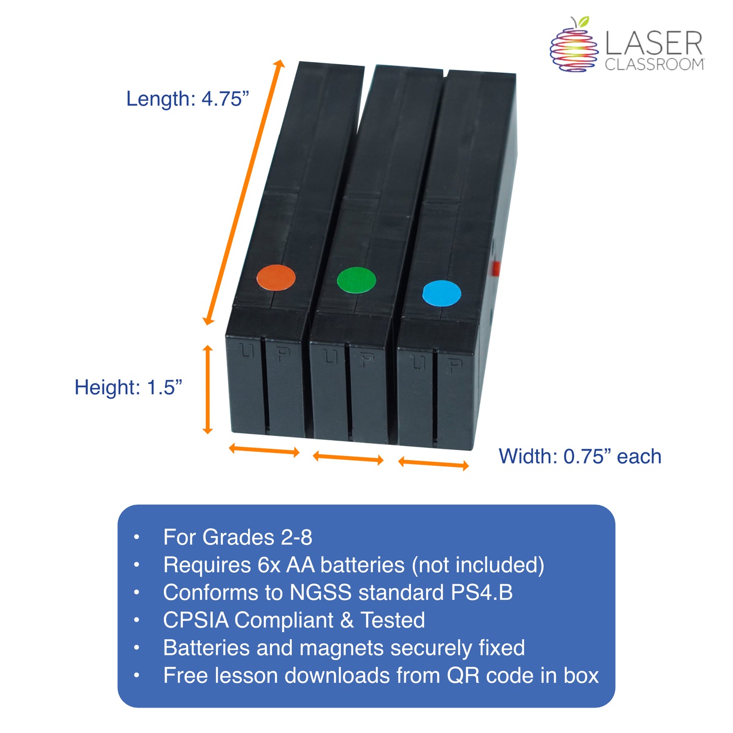 Laser Classroom Light Blox kit showing red green and blue LED light sources for experiments, for grades 2-8 and conforming to NGSS standard PS4.B with CPSIA compliance testing and free physics lesson downloads