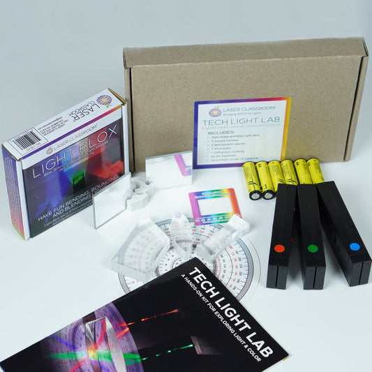 Optics and Light kit with lenses and prism, mirrors, and diffraction grating for STEM education