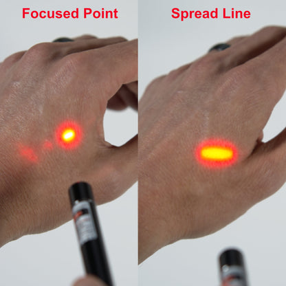 an acupuncture pressure point with red cold laser pen focused to a point on the left side and spread into a line on the right side