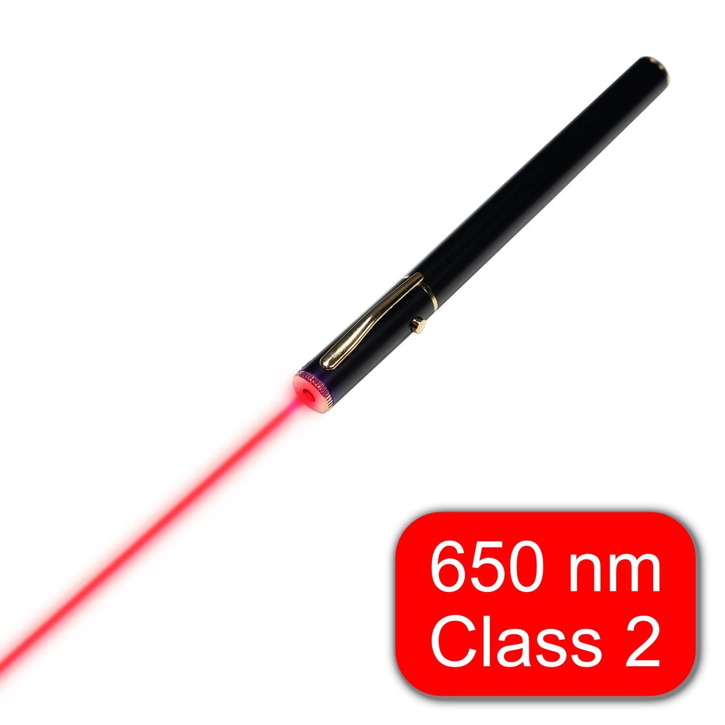 classroom and kid safe 650 nm red laser pointer with 1 mW power of class 2 with gold clip, black housing and on-off button, comes with batteries and storage case from laser Classroom
