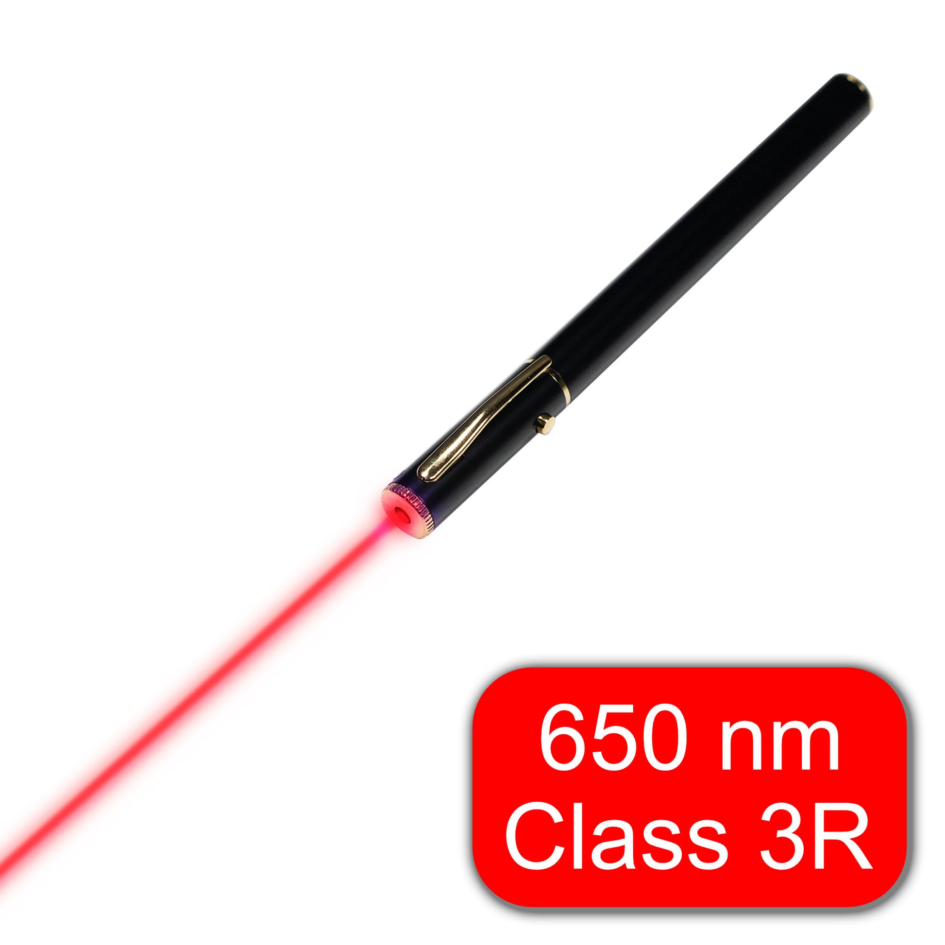 classroom and kid safe 650 nm red laser pointer with 5 mW power of class 3R with gold clip, black housing and on-off button