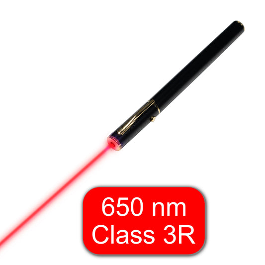 classroom and kid safe 650 nm red laser pointer with 5 mW power of class 3R with gold clip, black housing and on-off button