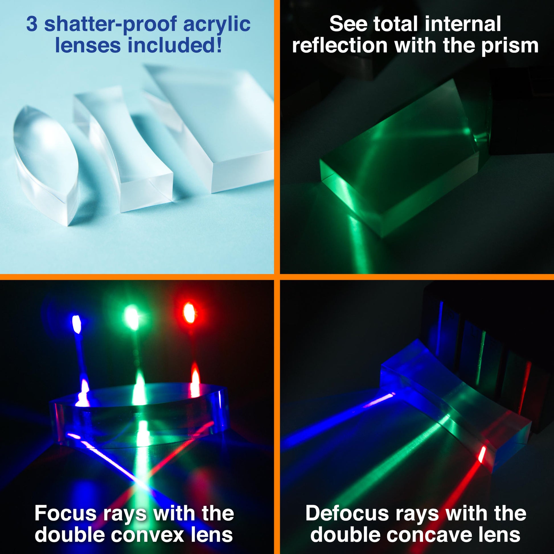 3-pack of acrylic lenses with red green and blue light rays shining through to show total internal reflection, focusing and defocusing of a ray box