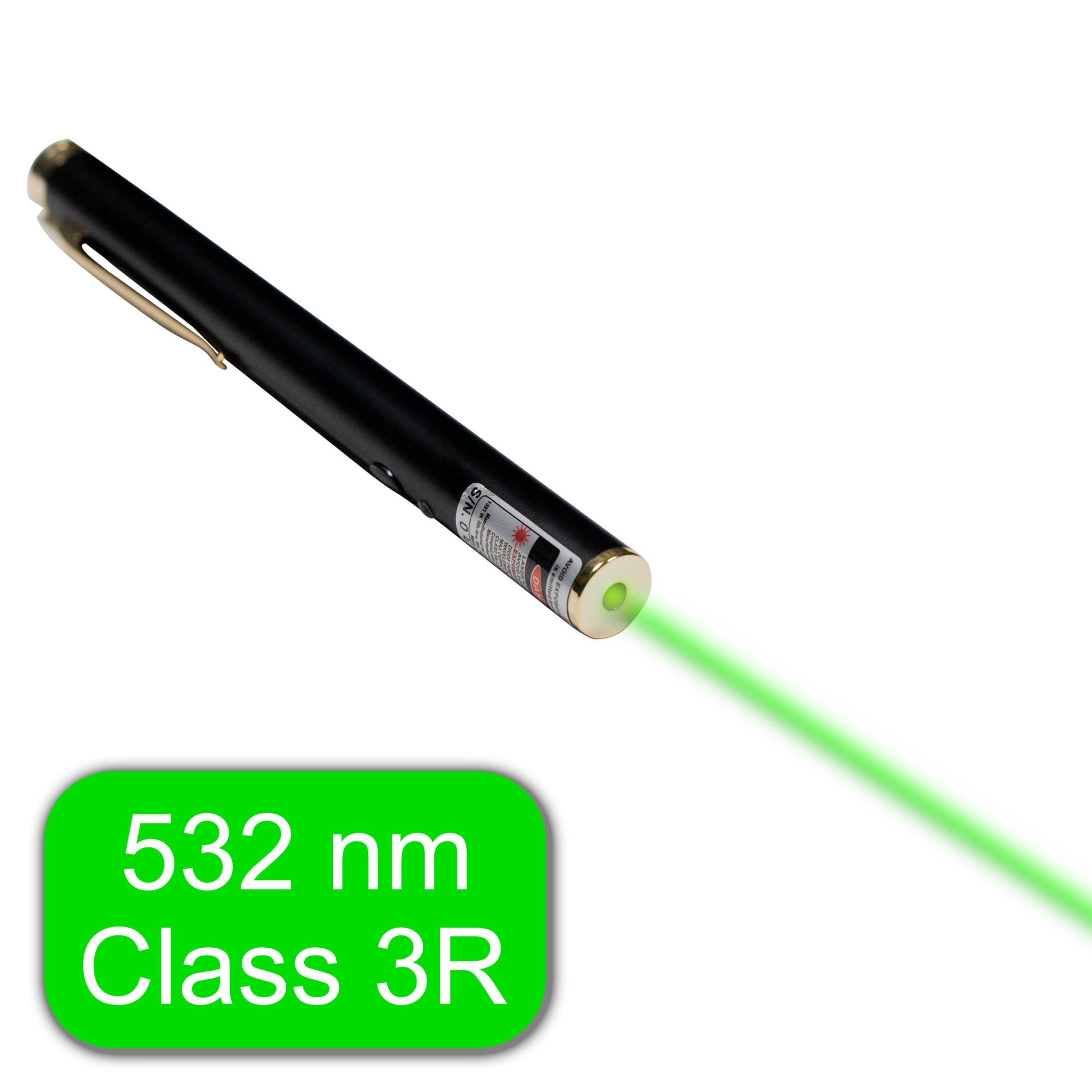 class 3R 5 mW classroom safe green 532 nm laser pointer pen with clip, black case and brass clip holder. highest visibility for school use.