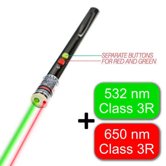 push button dual bright red/green Class 3 presenting laser pointer with batteries and case included, silver chrome housing with pen clip