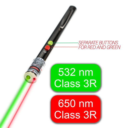 push button dual bright red/green Class 3 presenting laser pointer with batteries and case included, silver chrome housing with pen clip