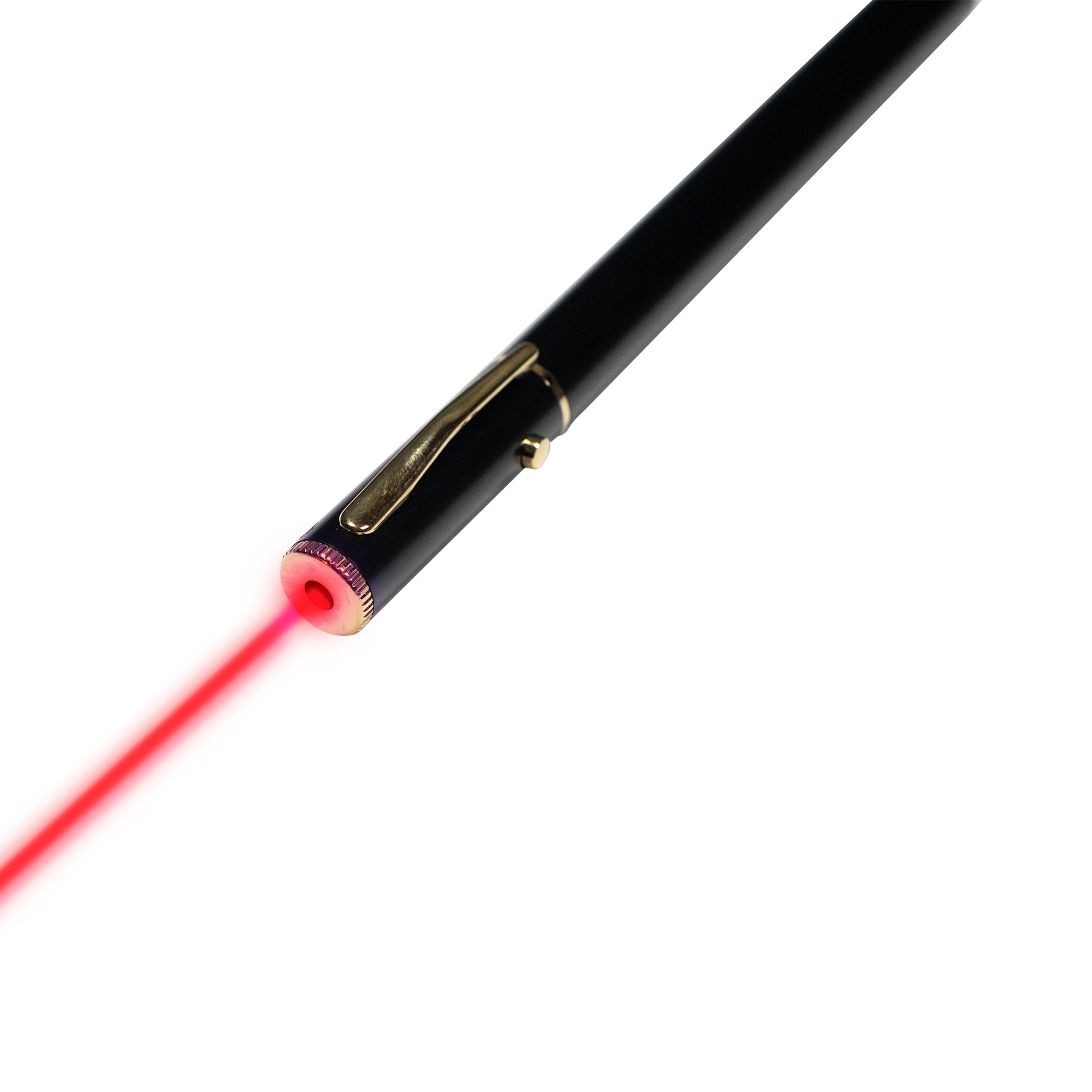 red laser beam from a black laser pointer with pen clip and gold button