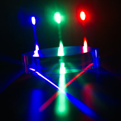 red-green-blue-light-blox-ray-trace-lens-light-blox-LED-primary-colors-mixing-reflection-classroom-learning-teaching-kit-light-blox-primary-colors-mixing-snells-law-classroom-learning-teaching red green and blue light beams refracting through a double convex acrylic lens for STEM learning