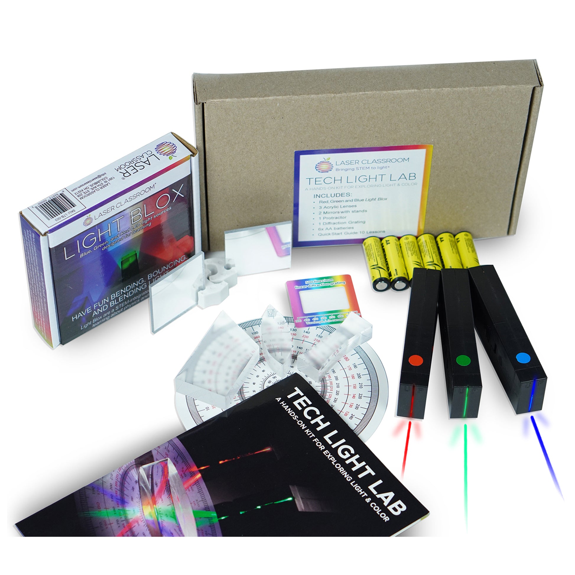 light blox ray laser rgb led lights physics reflection refraction diffusion diffraction sprectrum box color red green blue science bending bouncing blending STEM optics learning teaching lab classroom school educational tech lens primary prism compass battery kit fun mixing