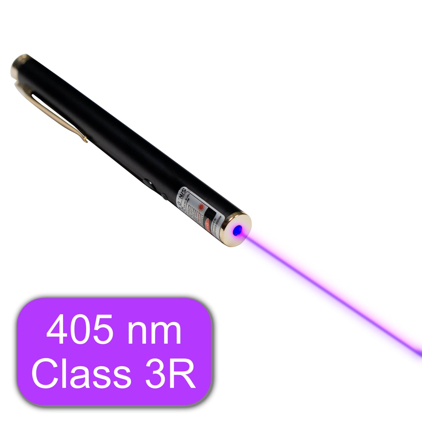 purple violet 405 nm laser pointer for classroom fluorescence experiments with black case and brass clip, on off switch, comes with batteries and storage case