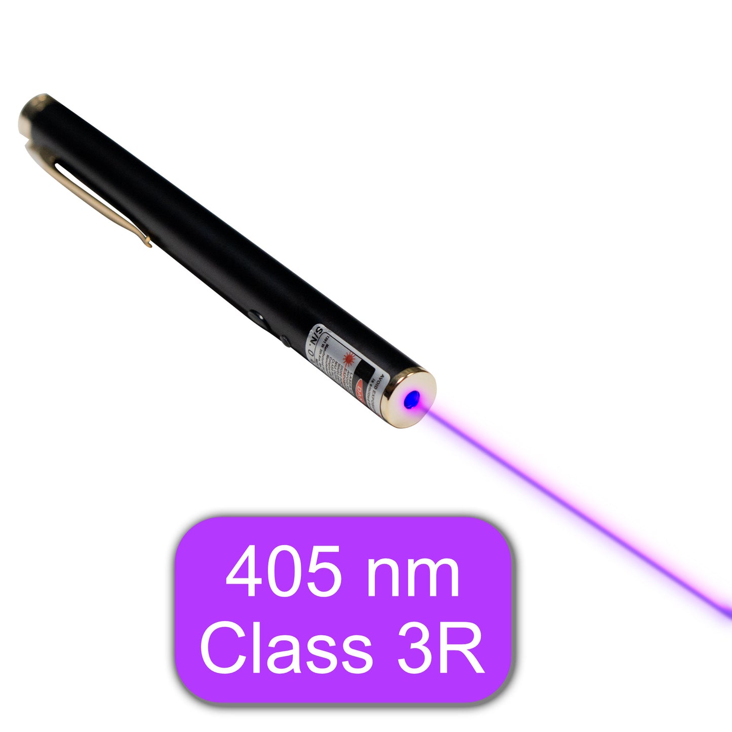 purple or violet 405 nm laser pointer for classroom fluorescence experiments with black case and brass clip, on off switch, comes with batteries and storage case
